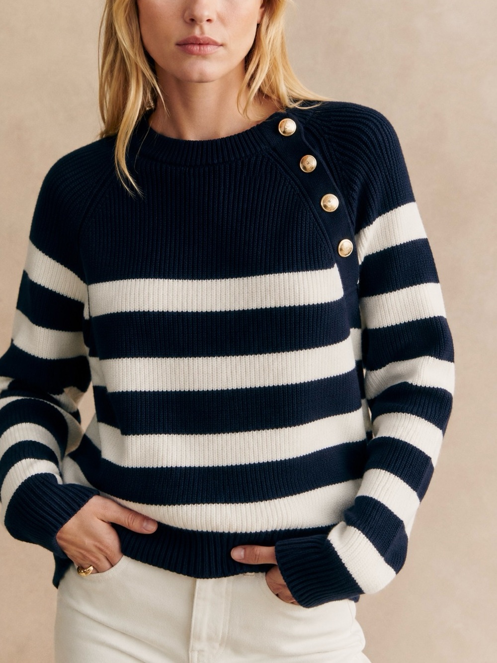 Sezane Gary Jumper Navy Blue Ecru Stripe Size XS‎ Pullover Sweater Cotton